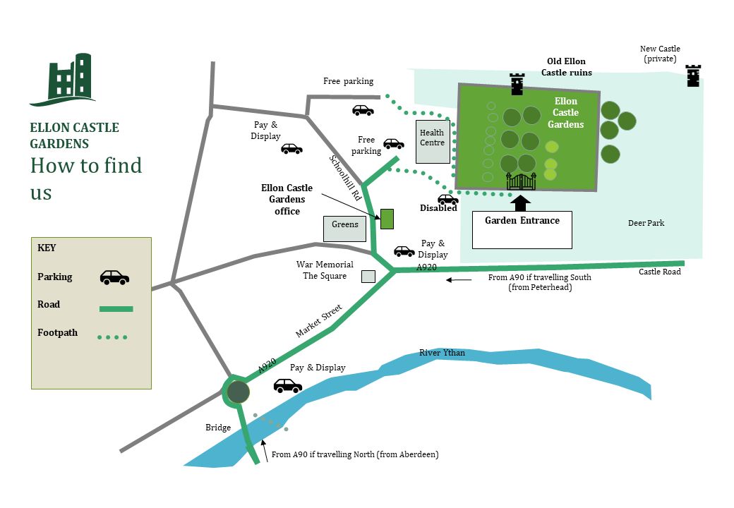 Hand-drawn map showing Schoolhill Road, the Health Centre, parking and the garden entrance
