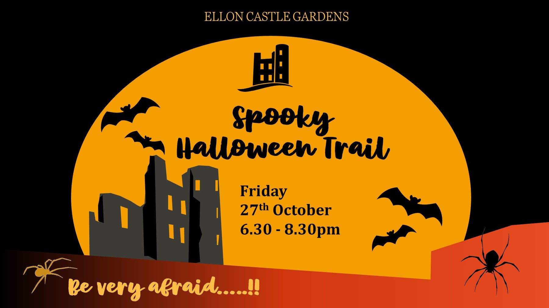Halloween trail poster showing the castle ruins silhouetted against an orange moon
