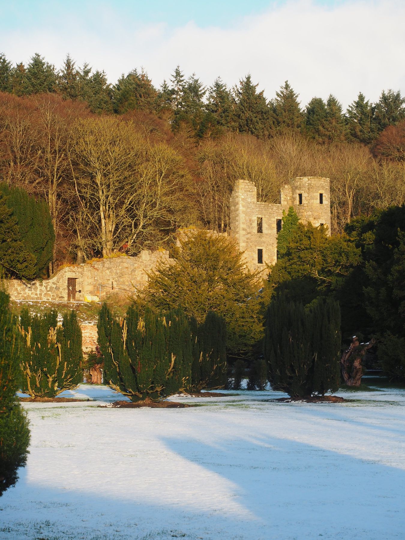 The castle ruins seen across a frosted lawn on a winter morning