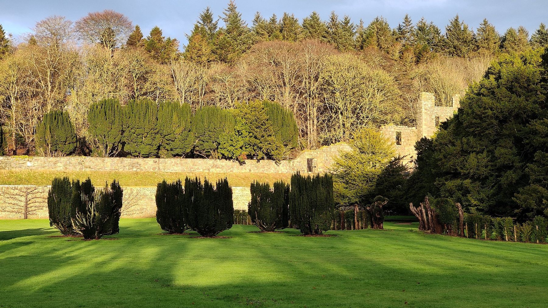 Long view across the garden with clipped hedges and mown grass